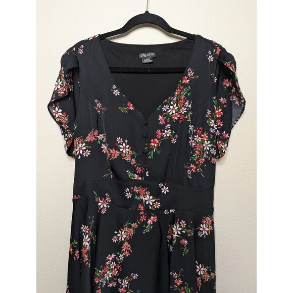 CITY CHIC Dress Size 18 Black Floral Sundress Knee Length Boho Summer Wedding C6 - Picture 5 of 16